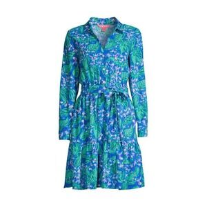 Lilly Pulitzer Blue & Green Floral Tie-Waist Long Sleeve Dress